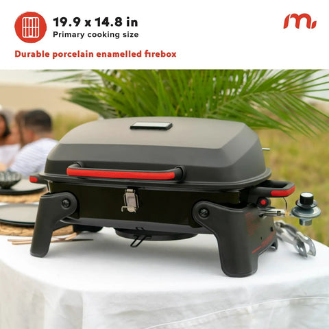 One Burner Portable Gas Grill With Locking Lid, 11,000 BTU Stainless Steel Burner, Foldable Legs on outdoor table