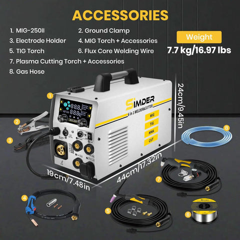 Six In One MIG Welder And Plasma Cutter 160A Gas MIG Flux Core Lift TIG Stick Plasma Cut Combo 110V 220V 35A with accessories