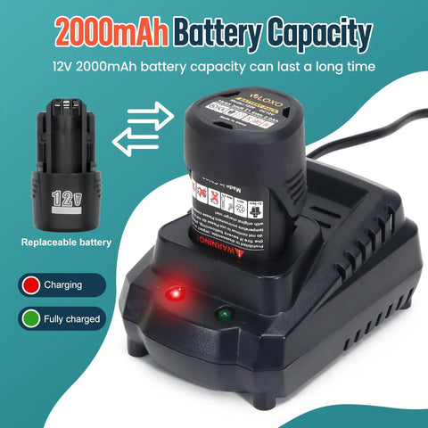 VlOXO Electric Rotary Fabric Cutter 2000mAh battery with charging indicator and replaceable 12V battery for lasting use.
