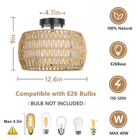 Dimensions of 3 Light Boho Rattan Ceiling Light With Linen Fabric Shade Semi Flush Mount For Bedroom Kitchen Foyer And Hallway