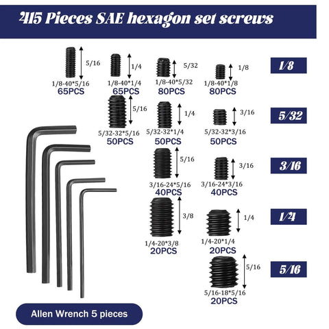 Alloy Steel Socket Hex Set Screw Kit With Cup Point Allen Head Grub Screws, SAE Sizes, includes hex wrenches