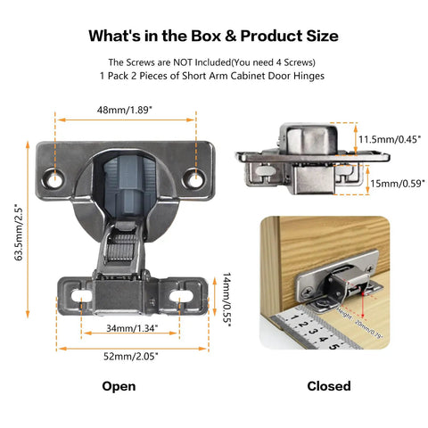 Short Arm Cabinet Hinges For Face Frame Cabinets For DIYers With Three Quarters Inch Overlay 105 Degree Opening Soft Close 35mm Cup 12mm Thickness Fits Doors Five Eighths To One Inch 100 Pack 50 Pairs Cold Rolled Steel Titanium Finish measurements illustration