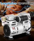 Heavy Duty Oil Free Vacuum Pump 750 Watt 7 Cfm 92 Kpa shown in low noise operation, ideal for quiet workshop environments.