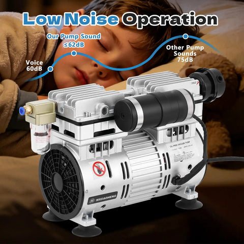 Heavy Duty Oil Free Vacuum Pump 750 Watt 7 Cfm 92 Kpa shown in low noise operation, ideal for quiet workshop environments.