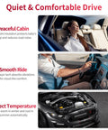Pro Grade Auto Sound Deadening Mat With 3 Layer Thermal Foil Foam Insulation For Cabin Noise Reduction Heat Blocking Rock Solid Adhesive Backing To Quiet Your Whip And Level Up Ride Comfort Today with images of a quiet cabin, smooth ride, and perfect temperature in a car.