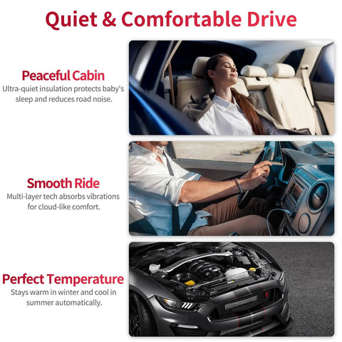Pro Grade Auto Sound Deadening Mat With 3 Layer Thermal Foil Foam Insulation For Cabin Noise Reduction Heat Blocking Rock Solid Adhesive Backing To Quiet Your Whip And Level Up Ride Comfort Today with images of a quiet cabin, smooth ride, and perfect temperature in a car.