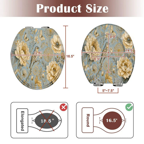 Round Luxury ornate for creating textiles paper Print gold Toilet Seat dimensions 16.5 inches with flowers design detail.