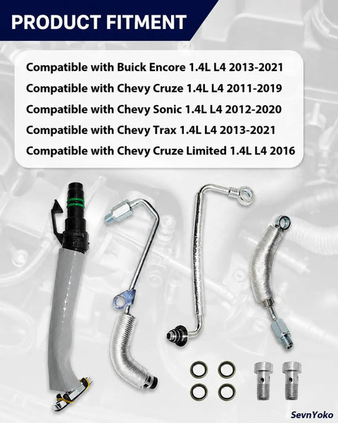 Turbo Oil Line Kit For GM 1.4L Turbo Engines Plug And Play Compatible With Cruze Sonic Trax And Buick Encore 2013 2021 Direct OE Replacement showing components and compatibility chart.