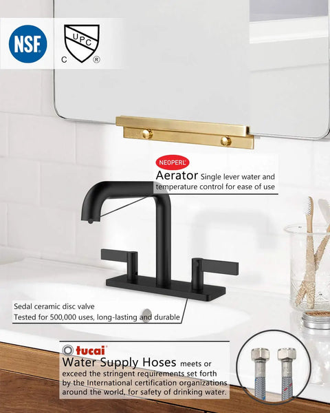 Two Handle Centerset Bathroom Faucet Designed For Matte Black Vanity Deck Mount Sink With Pop Up Drain And Included Supply Lines Built To Last Solid Brass Construction Low Lead CUPC Certified shown on a vanity deck with supply hoses and aerator details.