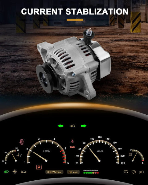 Drop-In Replacement Mini Alternator With Chrome Finish 12180-SEN And 1-2119-11ND, shown with dashboard instruments.