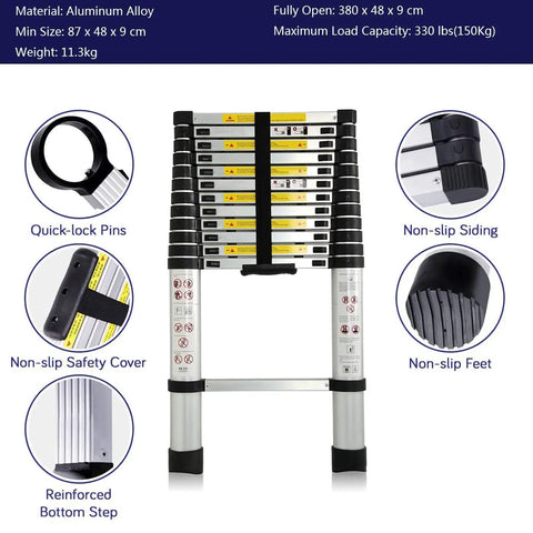 12.5 Ft Telescoping Aluminum Ladder With 330 Lb Capacity Go To Extendable Multi Purpose Retractable Ladder Features Infographic
