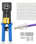 All-In-One RJ45 Pass-Through Crimp Tool Kit For Cat6, Cat5e, And Cat5 Connectors, Heavy-Duty Ratchet Crimper, connectors, blades, cable close-up