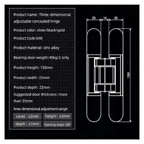 Diagram of Rugged Heavy Duty Black Hidden Gate Hinge Set For Casement Doors 2 Pack 80Kg Capacity 3D Adjustable Concealed Wood Door Hinges