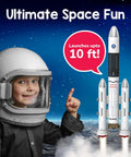 Child in astronaut suit with Rocket Launcher STEM Kit For Kids Ages 6 To 12 Hands On Build Your Own Rocket And Launch It High Totally Fun DIY Science Toy For Curious Boys And Girls Perfect Birthday Gift, rocket launching 10 feet into sky.