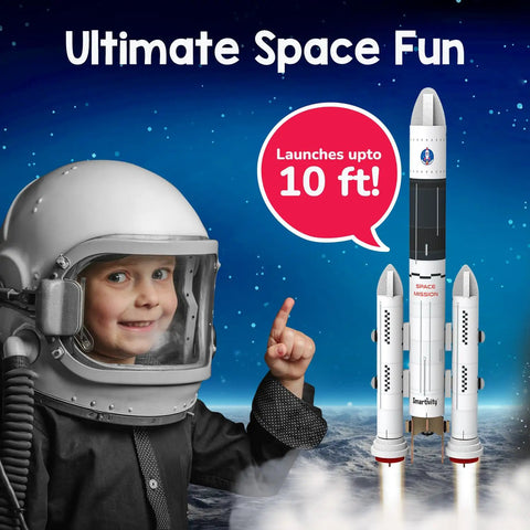 Child in astronaut suit with Rocket Launcher STEM Kit For Kids Ages 6 To 12 Hands On Build Your Own Rocket And Launch It High Totally Fun DIY Science Toy For Curious Boys And Girls Perfect Birthday Gift, rocket launching 10 feet into sky.