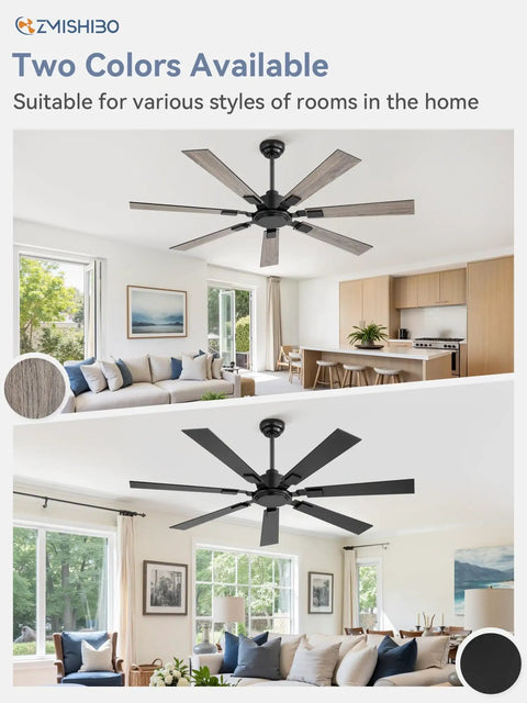 Two modern 60 Inch Ceiling Fan No Light With Remote Black Modern Design Quiet DC Motor 6 Speeds 7 Blades installed indoors.