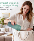 Woman using Portable Breast Milk Cooler For Travel Featuring 24 Hour Ice Free Cooling and Double Wall Insulation, placing in bag.