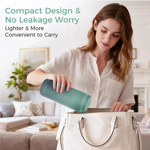 Woman using Portable Breast Milk Cooler For Travel Featuring 24 Hour Ice Free Cooling and Double Wall Insulation, placing in bag.