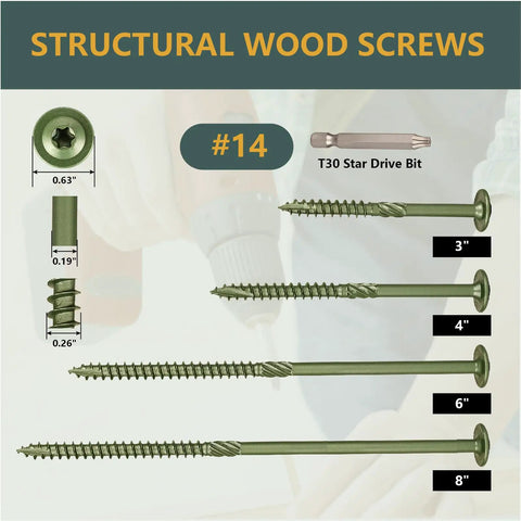 Heavy Duty Fifty Five Pack Number 14 X 3 Inch Zinc Plated Structural Lag Screws Washer Head T30 Drive Rust Resistant Wood Fasteners layout.