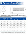 Diagram showing specifications for 350 Piece 2-56 Phillips Pan Head Machine Screws Set In 304 Stainless Steel, various lengths, thread details.