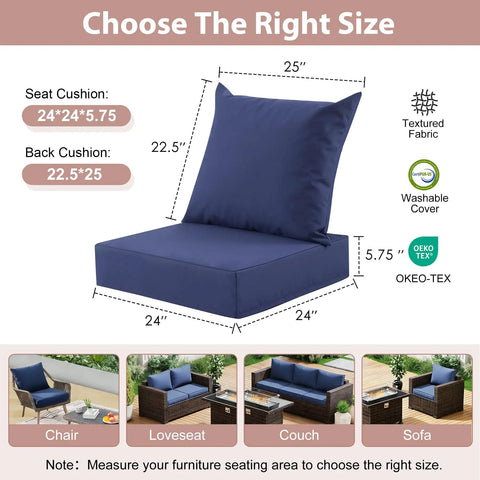 Diagram showing 24" by 24" navy blue Outdoor Deep Seat Cushion Set 24 By 24 Inch Water Resistant And Fade Resistant Cushions with sizes.