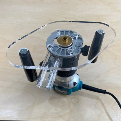 Game Changing Clear Acrylic Router Base Plate Compatible With RT0701C And XTR01Z 6 By 10 Inch Wide Base mounted on router with dual grip handles.