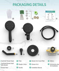 Packaging details of Oversized 2 In 1 Shower Head And Handheld Combo With 6 Spray Settings in Matte Black, valve included