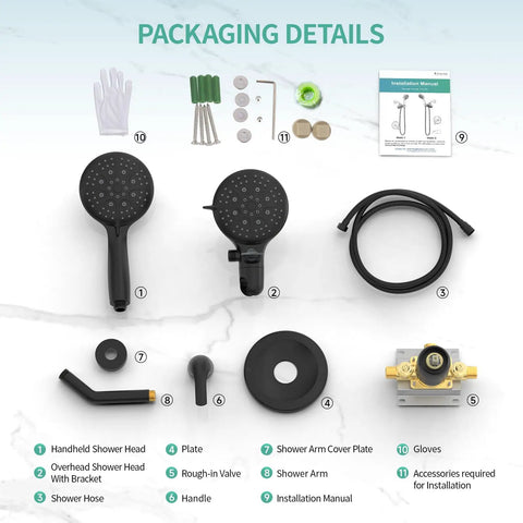 Packaging details of Oversized 2 In 1 Shower Head And Handheld Combo With 6 Spray Settings in Matte Black, valve included