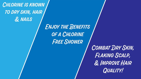 Blue graphic with text on benefits of a Chlorine Free Shower Filter System With Aromatherapy Ring for skin and hair health.