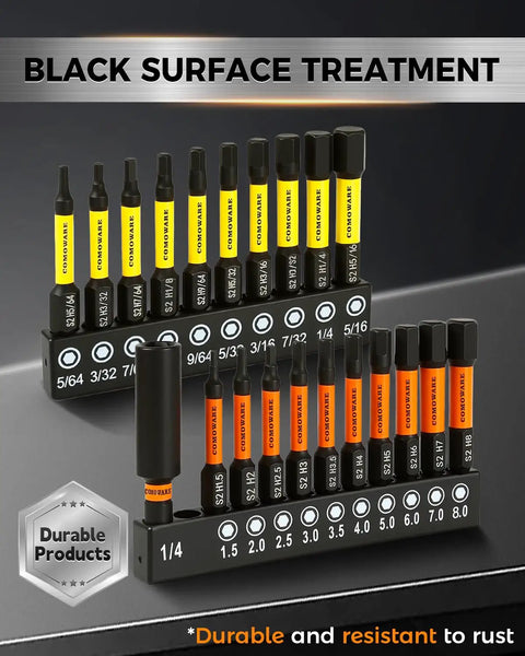 Allen Wrench Drill Bit Set 21 Pcs Metric And SAE High Strength S2 Steel One Quarter Inch Hex Bits with black surface treatment