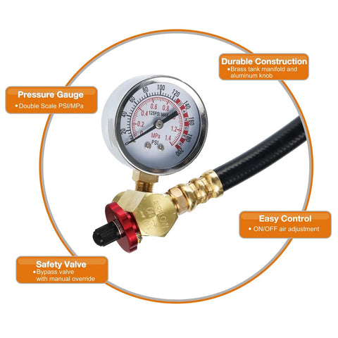 Close-up of pressure gauge and fittings from 12 Piece Air Tank Repair Kit With Pressure Gauge And Hose Assembly, Aluminum Manifold