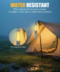 2 In 1 Rechargeable Camping Lantern And Flashlight With 6 Mode LED hanging outside tent in rainy conditions