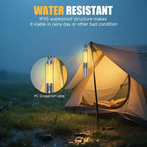 2 In 1 Rechargeable Camping Lantern And Flashlight With 6 Mode LED hanging outside tent in rainy conditions