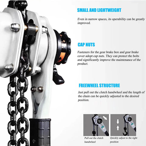 Manual Chain Hoist With Dual Heavy Duty Hooks For Garages Warehouses Auto Shops And Heavy Lifting Equipment 3.2 Ton Capacity 5 Feet Lift Nickel Plated Chain Alloy Steel Hooks Easy Hand Powered Lifting close-up of chain and hooks showing cap nuts and freewheel structure