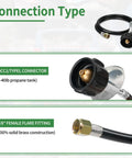 Propane Gas Hose With Low Pressure Regulator 3.5 Feet Long 3/8 Inch Female Flare Nut QCC1 Compatible details and connection types.