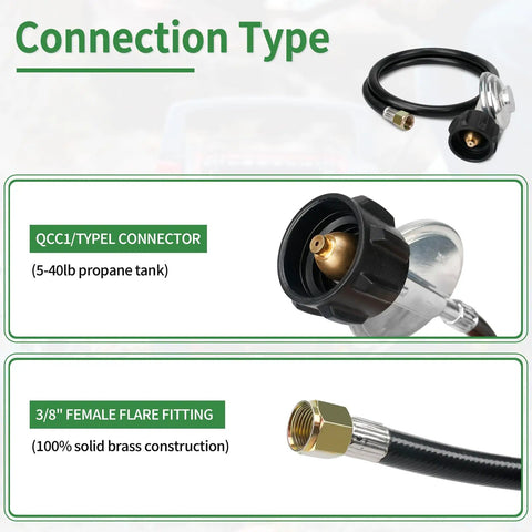 Propane Gas Hose With Low Pressure Regulator 3.5 Feet Long 3/8 Inch Female Flare Nut QCC1 Compatible details and connection types.