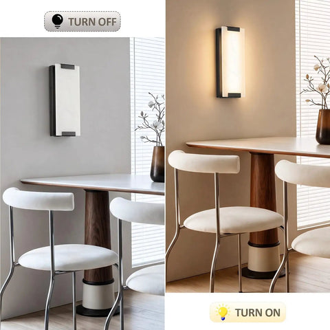 Tipace Hardwired Modern Black LED Wall Sconce Indoor Wall Light Fixture illuminated beside a dining table with chairs.