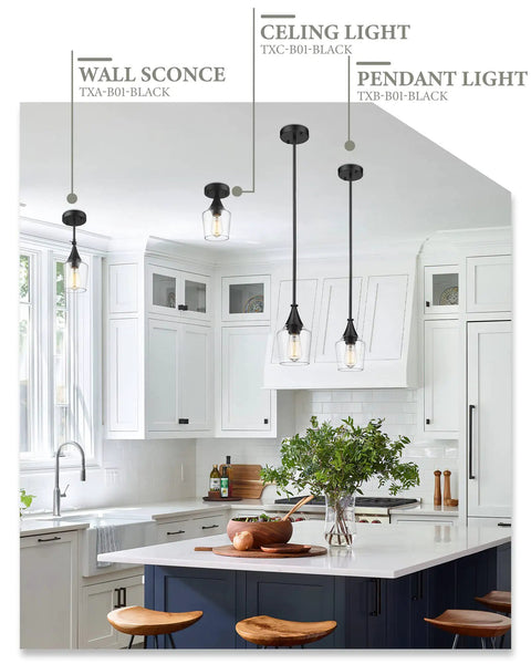 2 Pack Black Pendant Light Set With Wine Glass Shade, Modern Hanging Ceiling Fixtures over kitchen island in bright kitchen