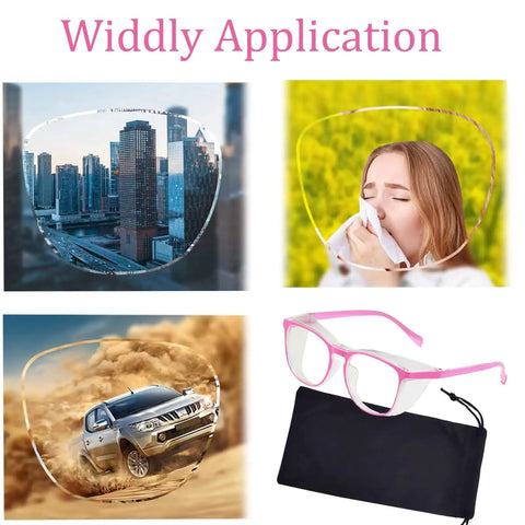 Women Safety Glasses With Side Shields Anti Fog Eye Protection For Nurses Adults Blue Light Blocking UV Shield Pink Comfortable All Day Comfy Wear Ideal For Medical Staff And Home Use With Scratch Resistant Lenses shown with cityscape, pollen, and dust environments, includes protective case