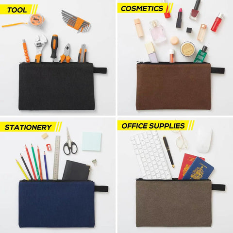 4 Pack Canvas Tool Pouches With Zippers, 16 Oz Heavy Duty Small Tool Bags in black, brown, blue, showing tools, cosmetics, stationery, supplies