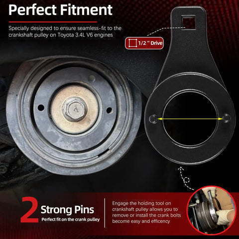 Crankshaft Damper Pulley Holding Tool for Toyota 3.4L V6 Engines Tacoma 4Runner T100 Tundra pickup shown with strong two-pin fitment