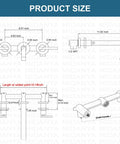 Technical specifications of Long Reach Wall Mount Tub Filler With Two Level Handles Solid Brass High Flow Roman Tub Faucet dimensions.