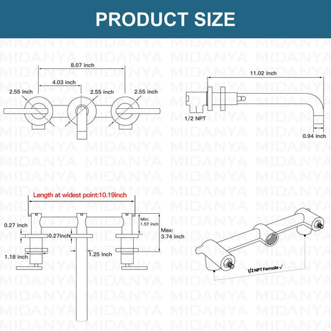 Technical specifications of Long Reach Wall Mount Tub Filler With Two Level Handles Solid Brass High Flow Roman Tub Faucet dimensions.