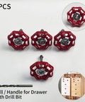 4 Pack Vintage Iron Valve Cabinet Knobs And Pulls With Drill Bit, red, disc-shaped industrial style set for cabinets and drawers