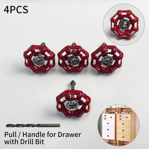 4 Pack Vintage Iron Valve Cabinet Knobs And Pulls With Drill Bit, red, disc-shaped industrial style set for cabinets and drawers
