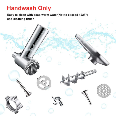 Metal meat grinder attachment for KitchenAid stand mixer with grinding plates, auger, blades, sausage-stuffer tubes