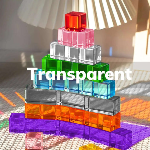 Colorful translucent blocks stacked in a pyramid with 'Transparent' text overlay
