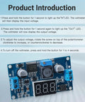 Blue LM2596 Adjustable DC-DC Buck Converter Module With LED Voltage Display under introduction text on blue background.