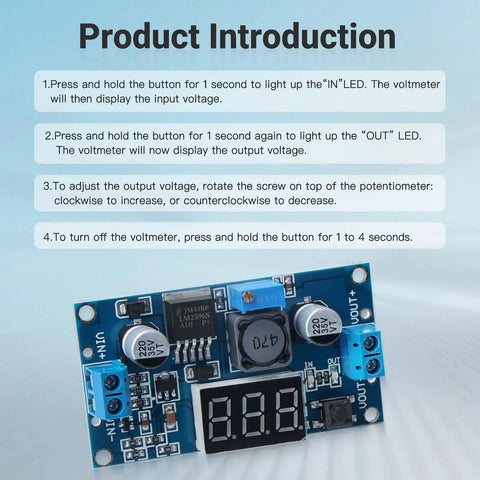 Blue LM2596 Adjustable DC-DC Buck Converter Module With LED Voltage Display under introduction text on blue background.