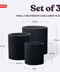 Three Sizes Rattan Resin Planter Set For Indoor And Outdoor Plants In Black With Cylindrical Design And Drainage Plug